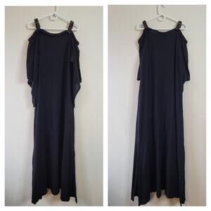 Oh My Gauze Womens Size L Black Maxi Dress Beaded Cold Shoulder Oversized Sleeve